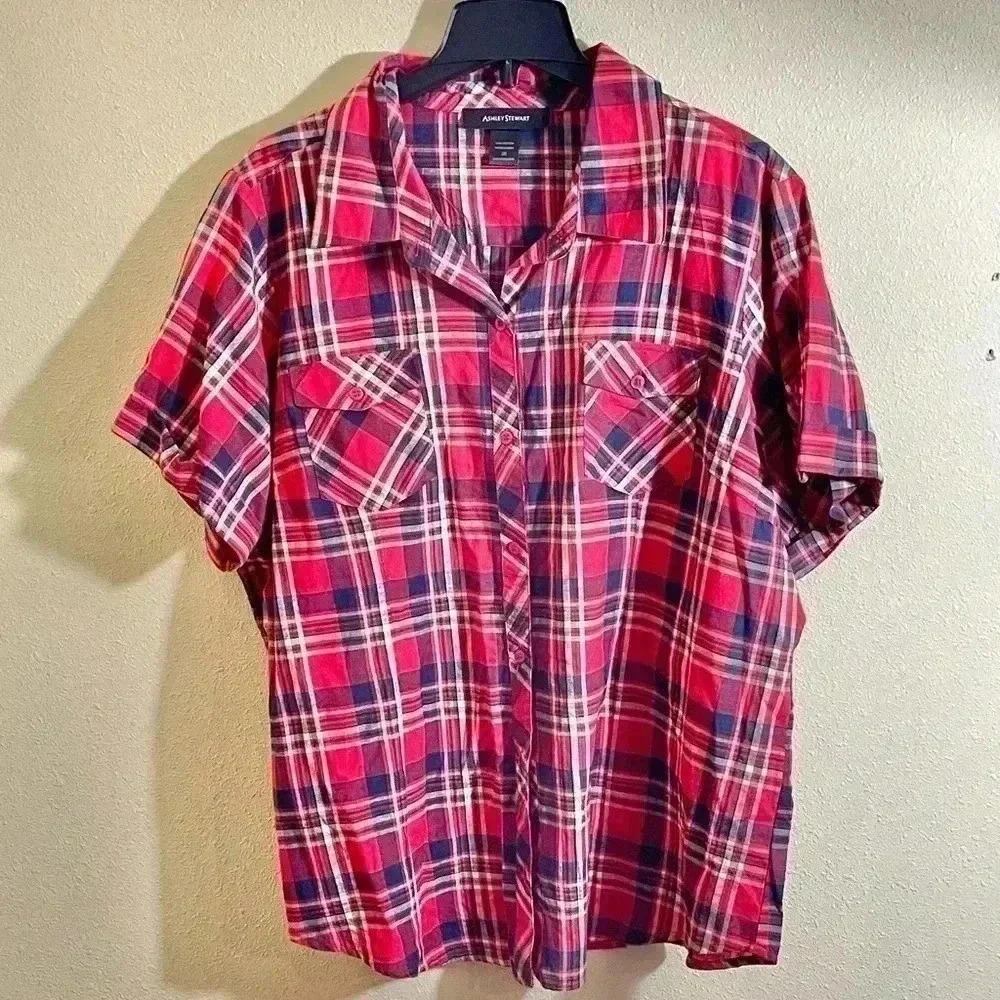Ashley Stewart Size 20 Red Blue Plaid Top Button Front Shirt Pockets Cotton